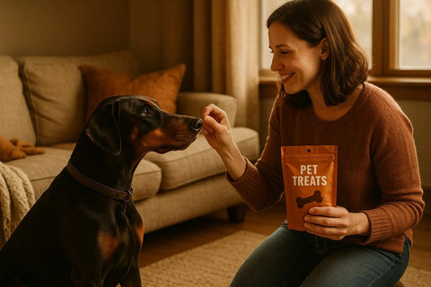 Doberman enjoying treats to manage separation anxiety