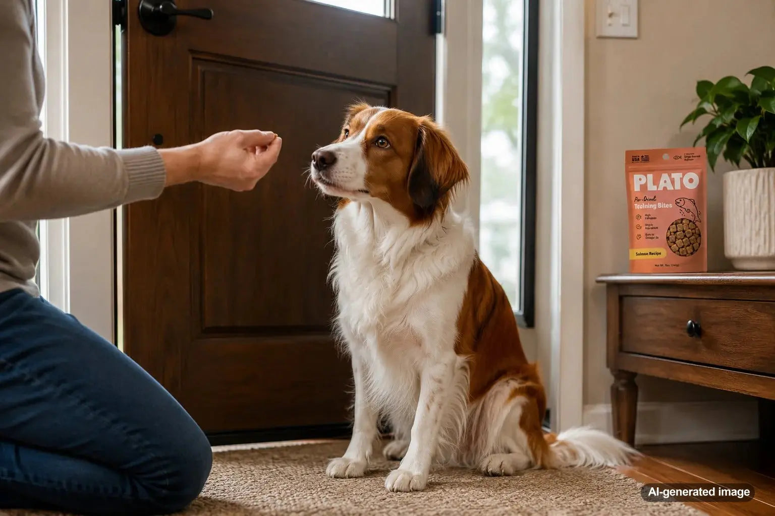 Calm dog sitting by the front door while being rewarded with a training treat for polite greeting behavior