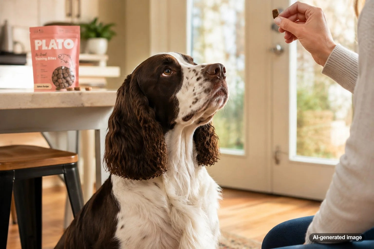 English Springer Spaniel focusing on its owner during a reward-based treat training session