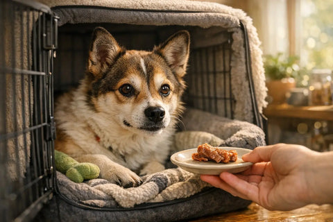 Dog resting calmly in a crate during recovery with supportive treats