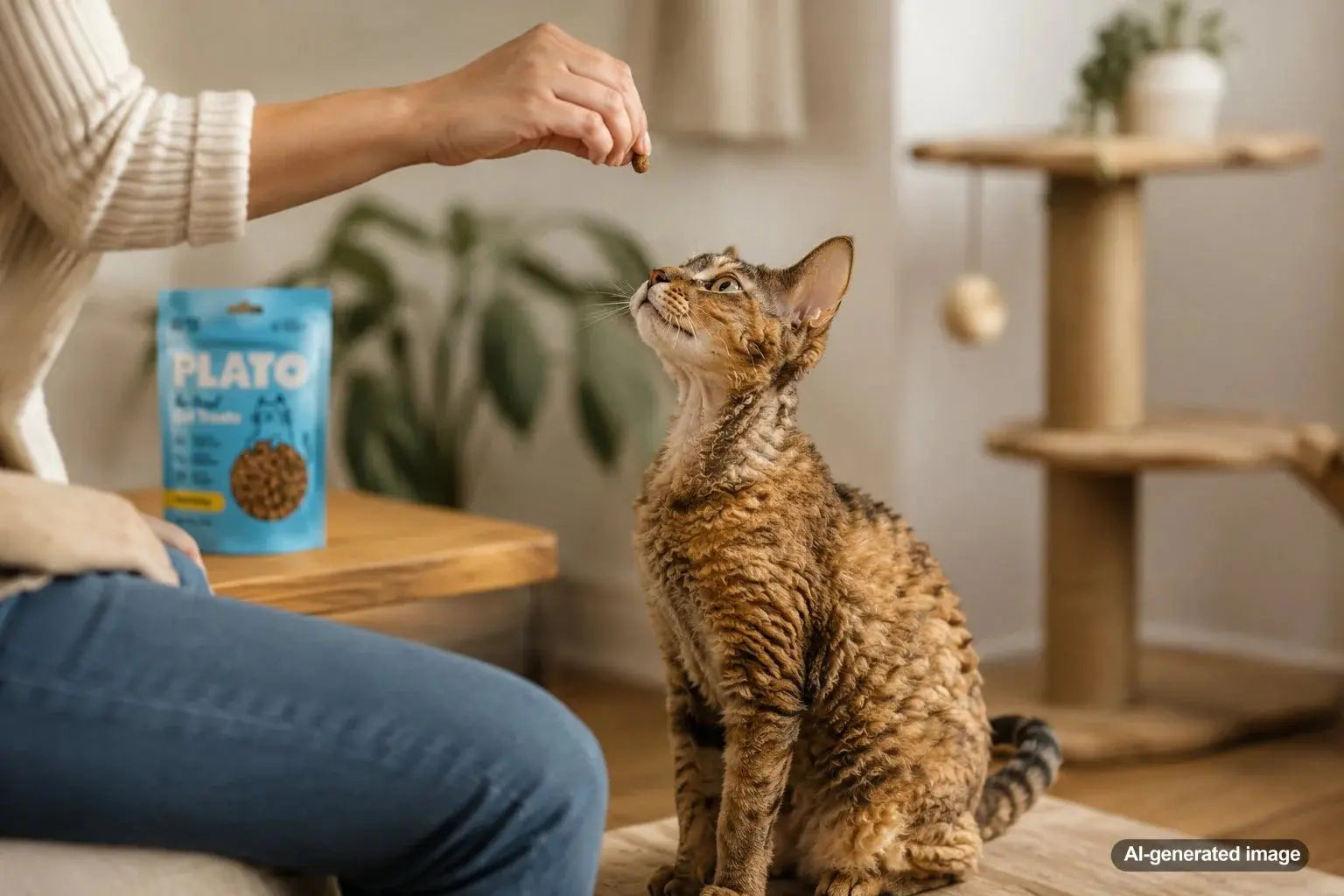 Cat sitting attentively during treat-based training with healthy cat treats