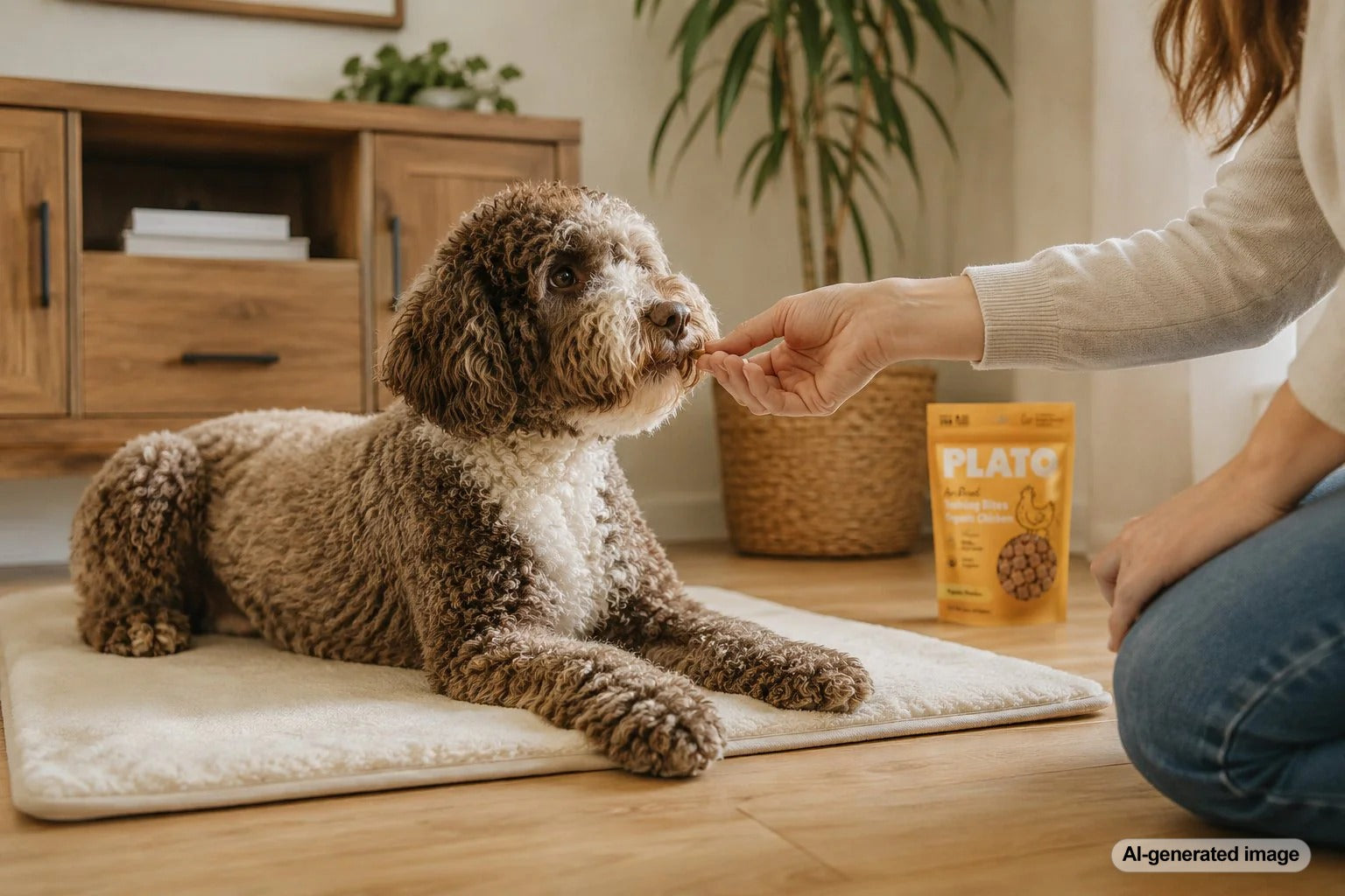 Dog calmly settling on a mat while being rewarded with training treats