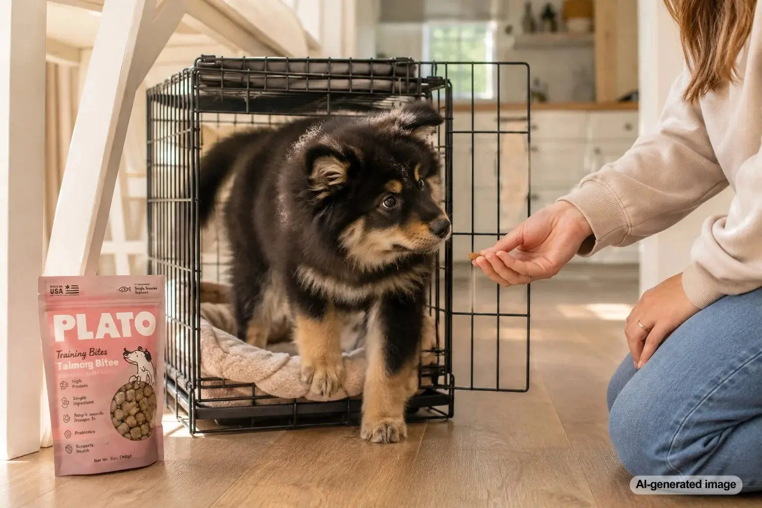 Puppy learning to love the crate with positive reinforcement and training treats