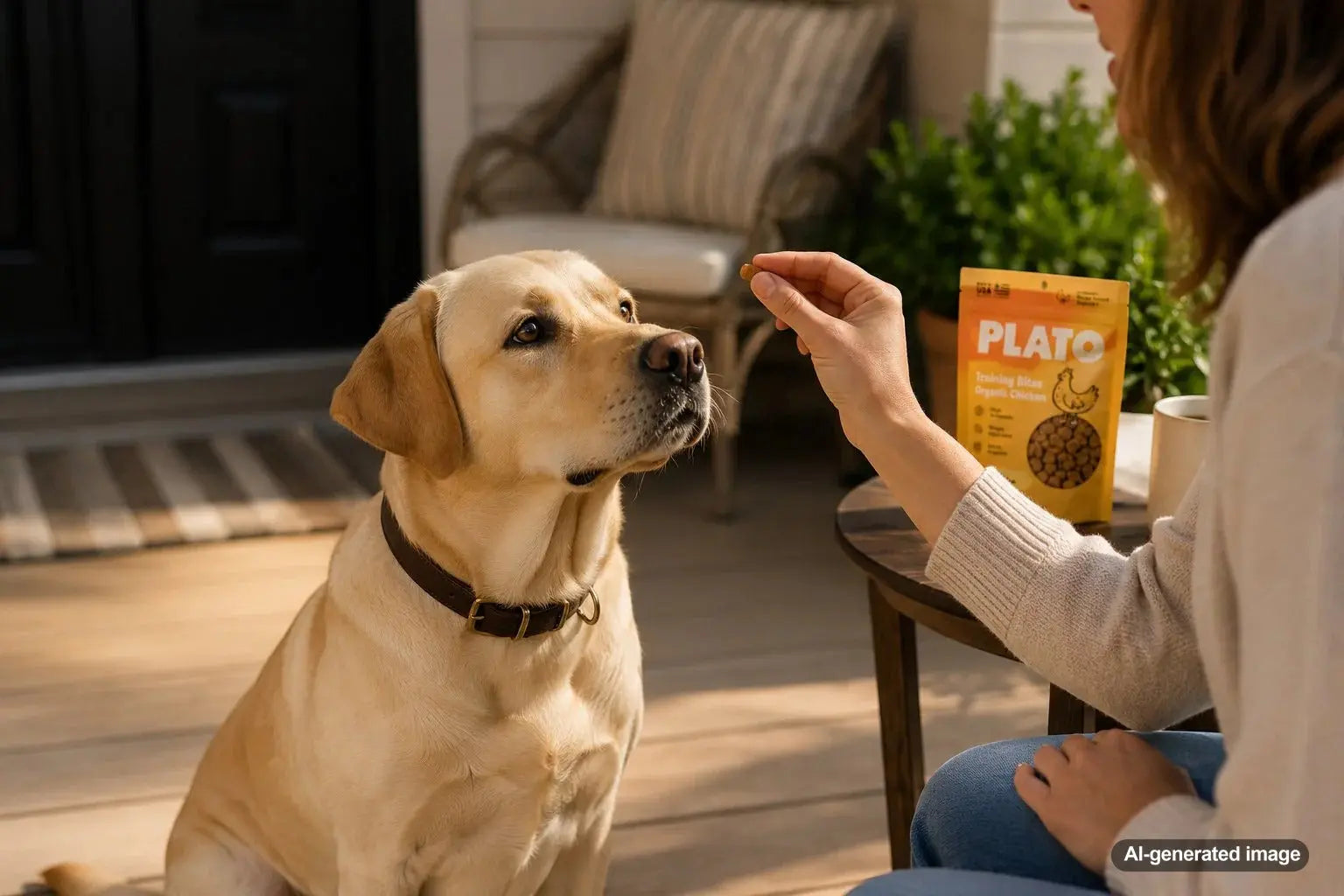 Snack motivated Labrador Retriever focusing on healthy dog treats during a training session