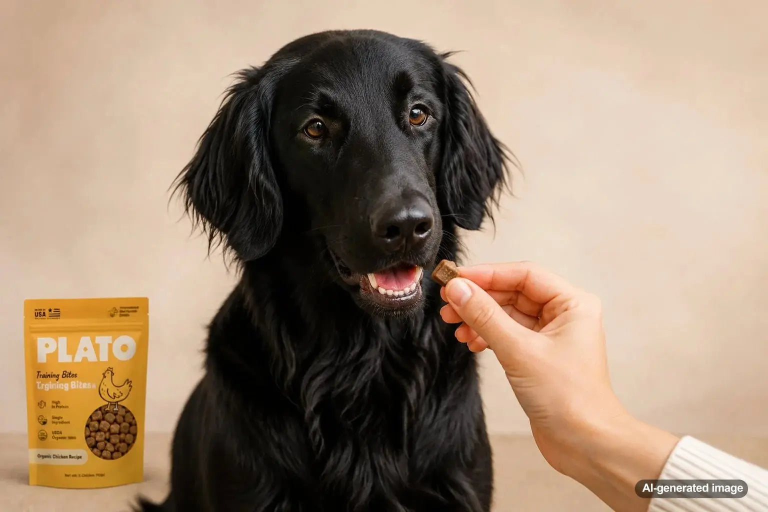 Flat-Coated Retriever practicing polite greetings with training treats