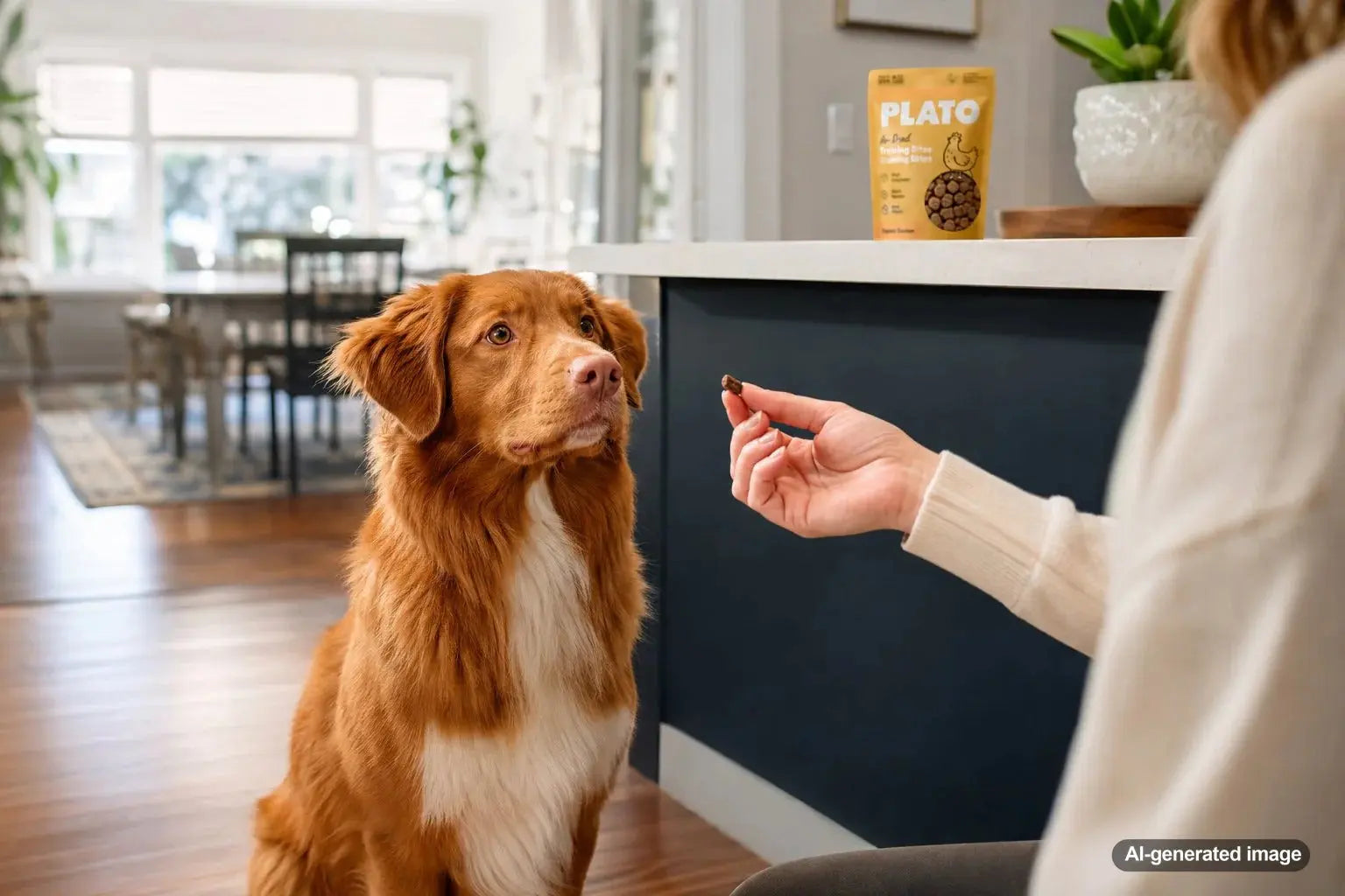 Dog owner using small training treats to reward calm behavior during a positive training session