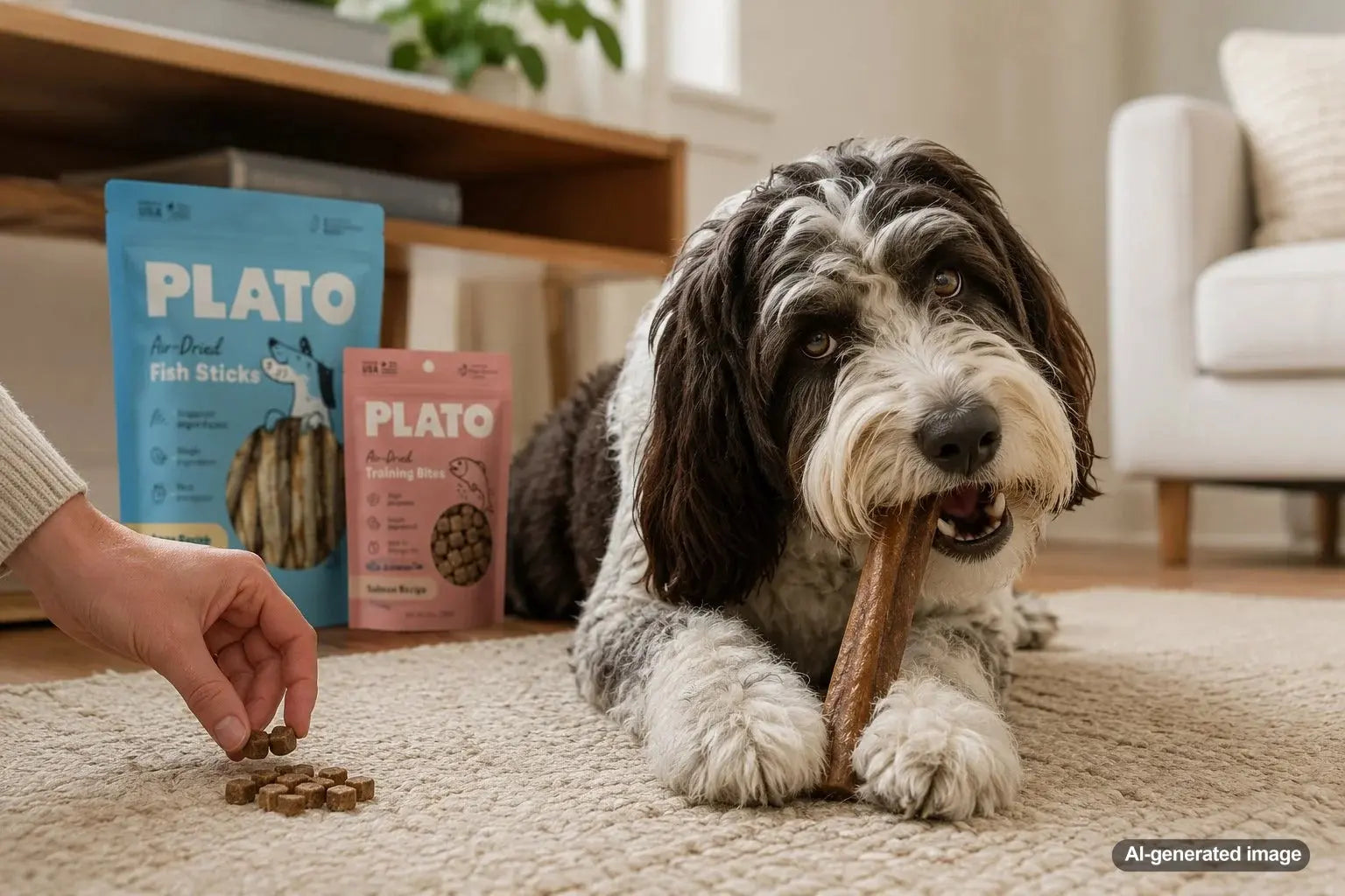Dog comparing different sizes of treats while chewing and eating