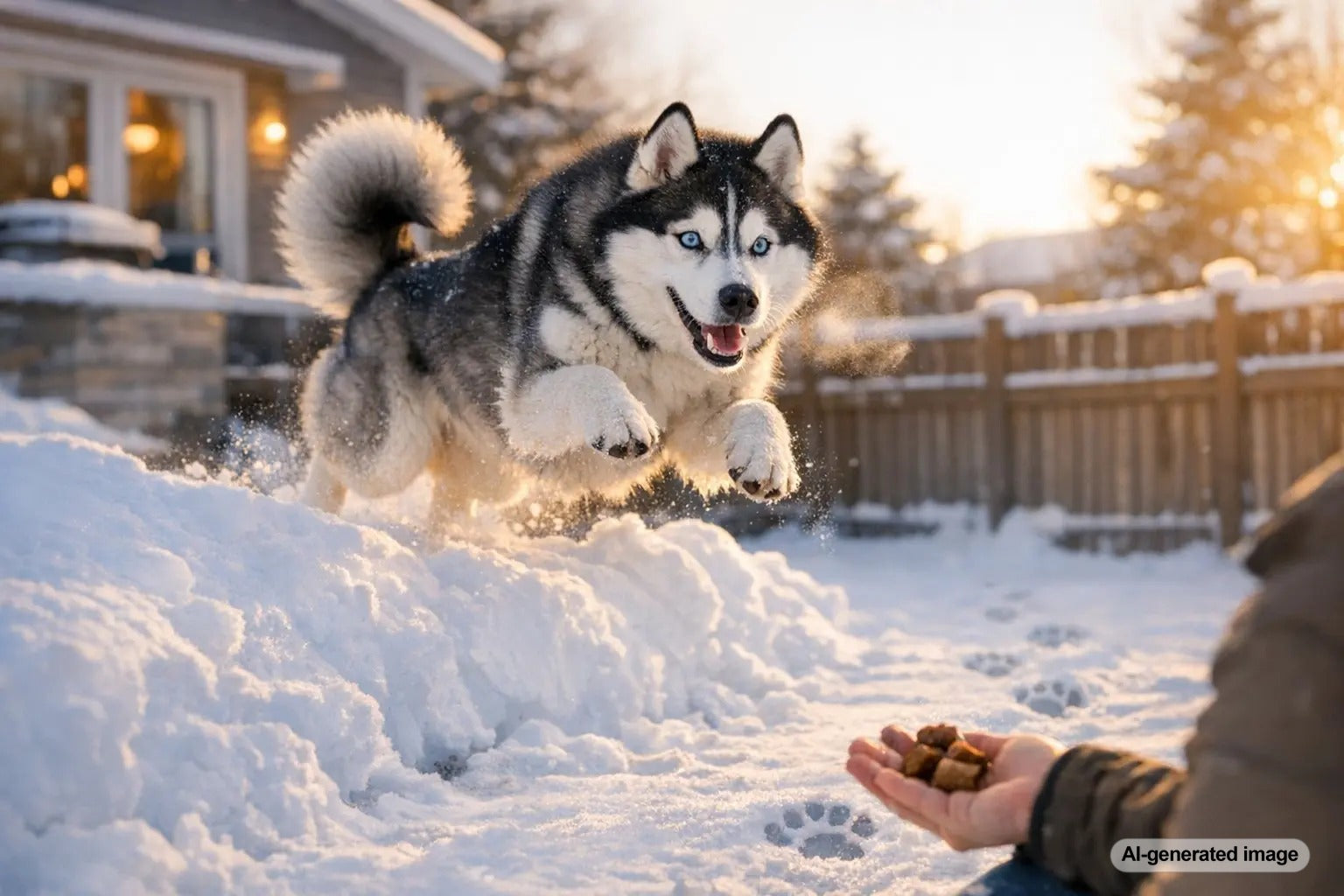 Husky playing in winter snow showcasing secure yard training and recall skills