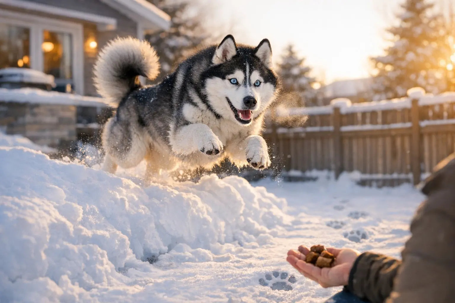 Husky playing in winter snow showcasing secure yard training and recall skills