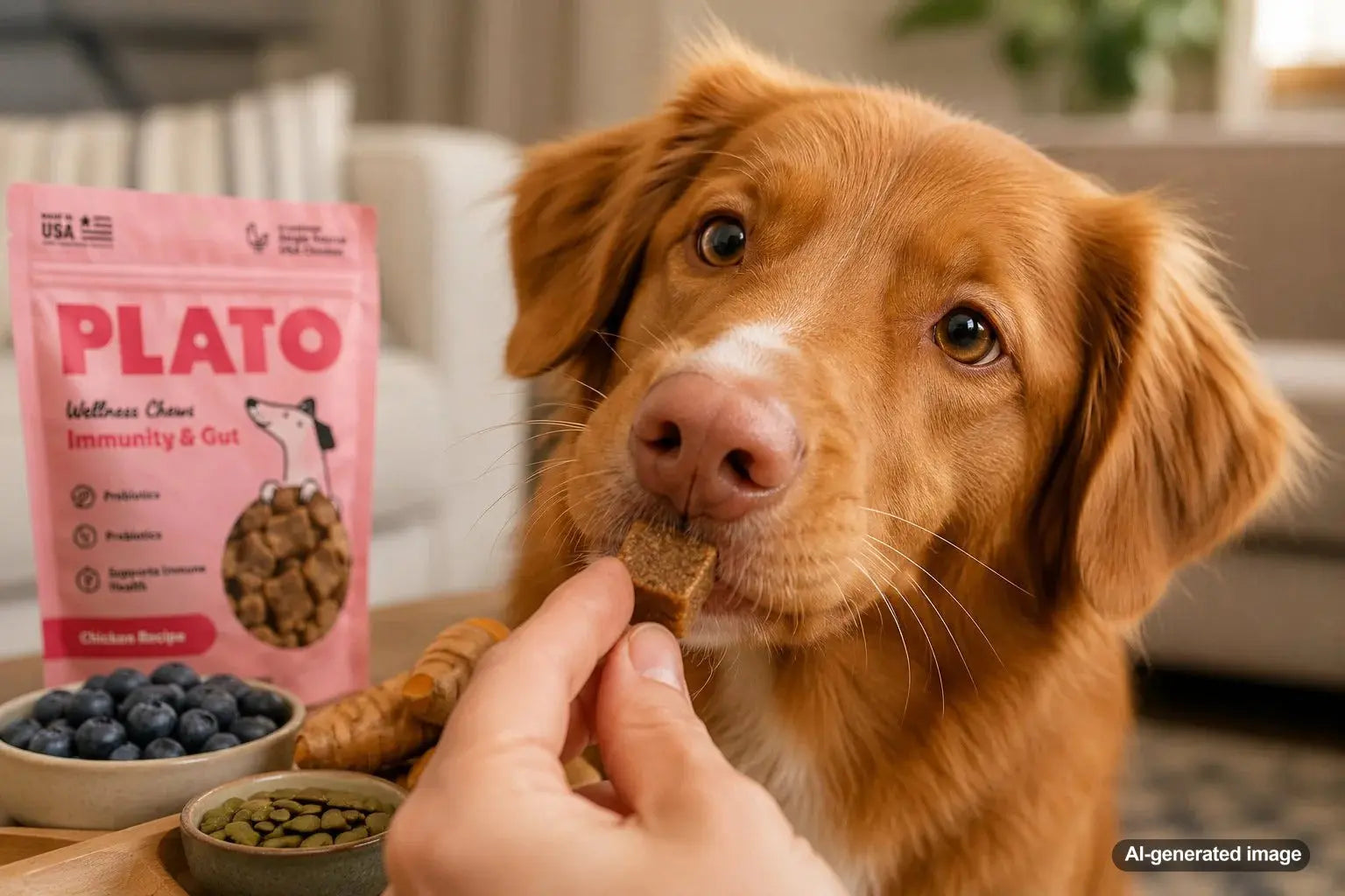 Dog enjoying immune boosting treats with wholesome ingredients for gut health and daily wellness