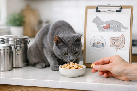 Cat enjoying a simple chicken-only treat suitable for gluten sensitive cats