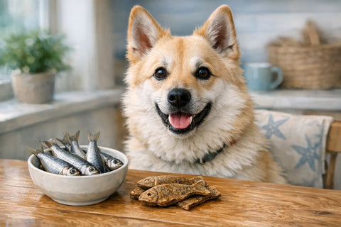 Wild caught Baltic herring dog treats showing whole air dried fish