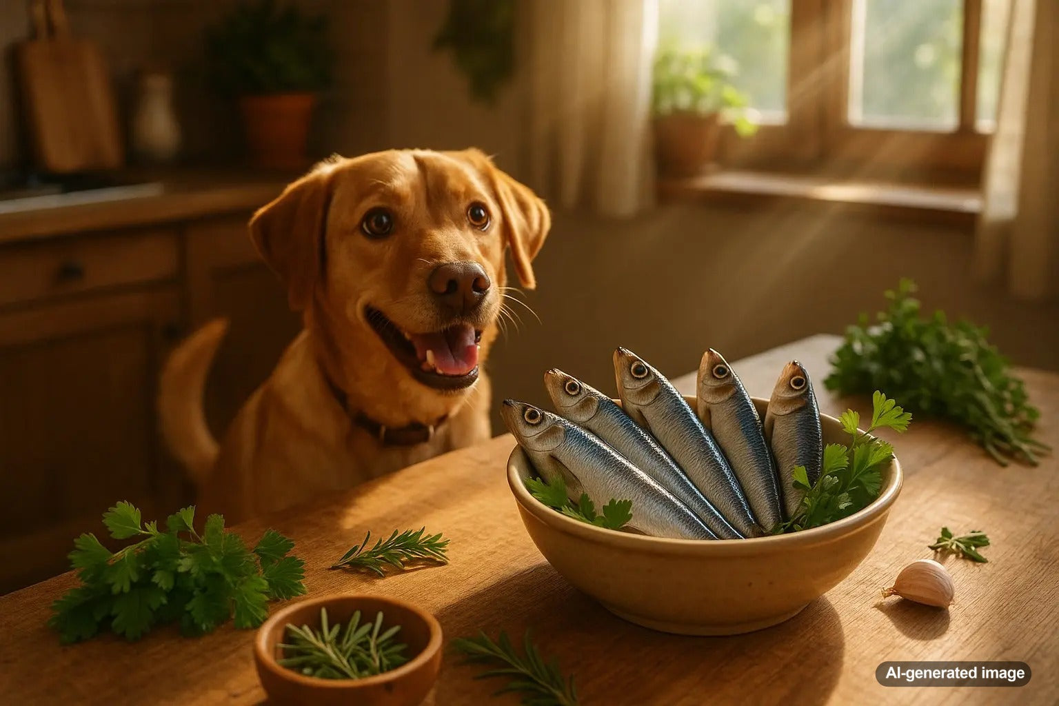 Wild caught Baltic herring dog treat on wooden surface