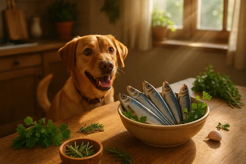 Wild caught Baltic herring dog treat on wooden surface