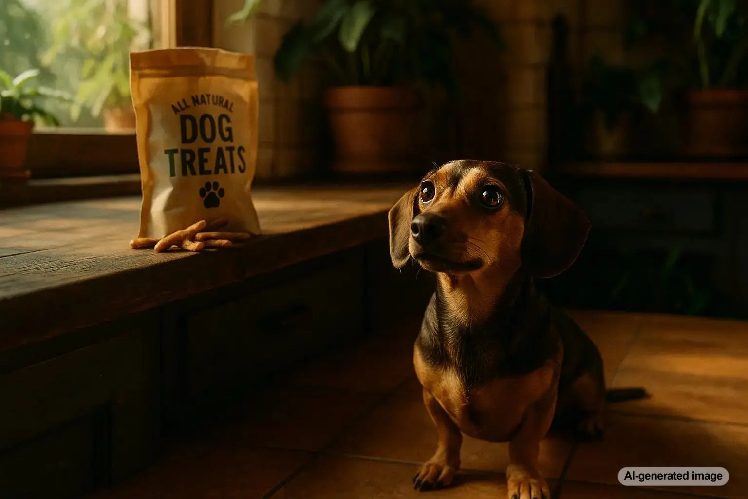 Small dog enjoying beef protein treats from Plato Pet Treats