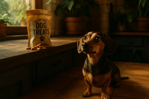 Small dog enjoying beef protein treats from Plato Pet Treats
