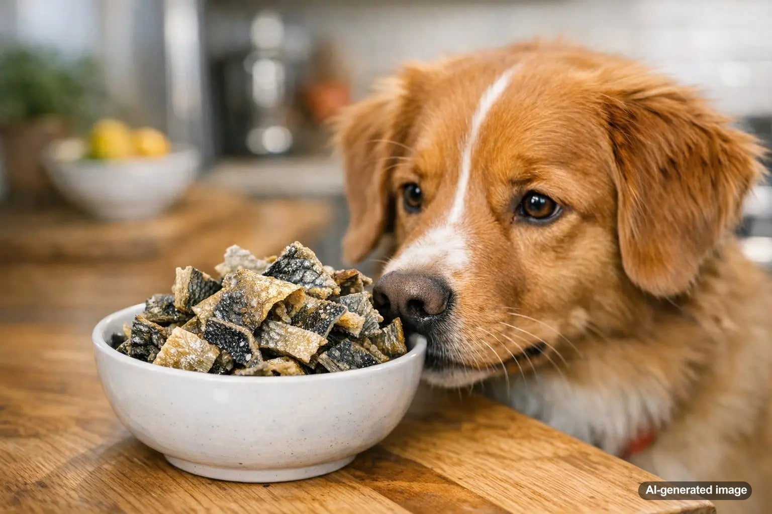 Dog enjoying a cod skin treat while learning whether cod skin is high in fat for dogs