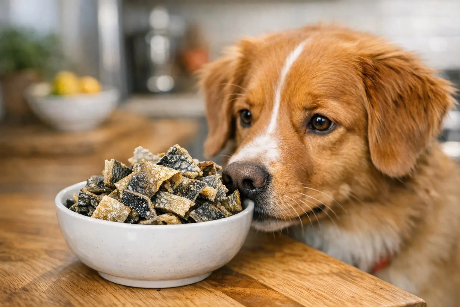 Dog enjoying a cod skin treat while learning whether cod skin is high in fat for dogs