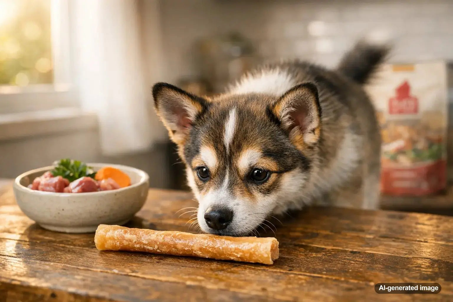 Curious puppy sniffing a collagen chew on a wooden table