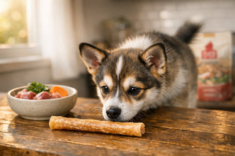 Curious puppy sniffing a collagen chew on a wooden table