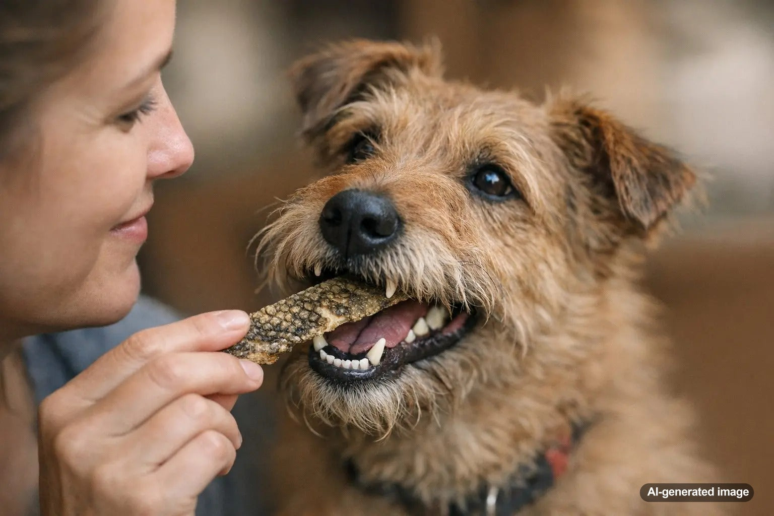 Dog enjoying dried cod skin treats for teeth support and chewing satisfaction