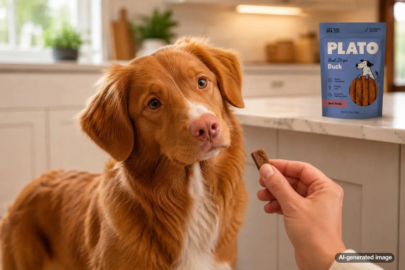Dog enjoying duck treat with sensitive stomach friendly dog nutrition focus