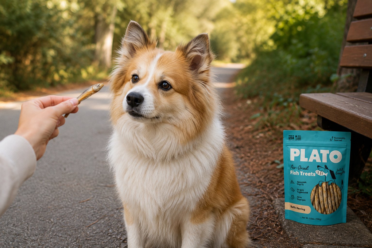 Herring fish dog treats with a happy dog for a blog about whether herring is safe for dogs