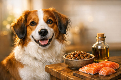 Dog enjoying a healthy meal topped with salmon oil for skin and coat support