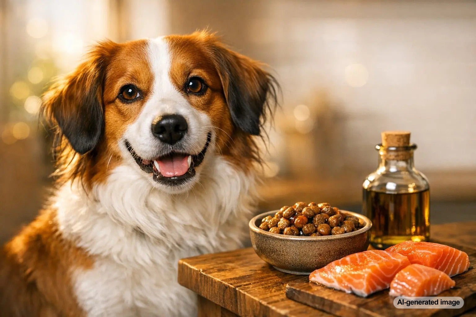 Dog enjoying a healthy meal topped with salmon oil for skin and coat support