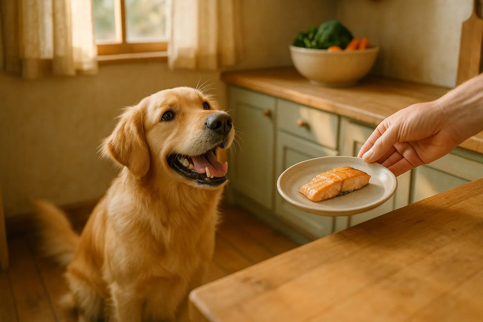 A happy dog enjoying a fish treat from Plato Pet Treats