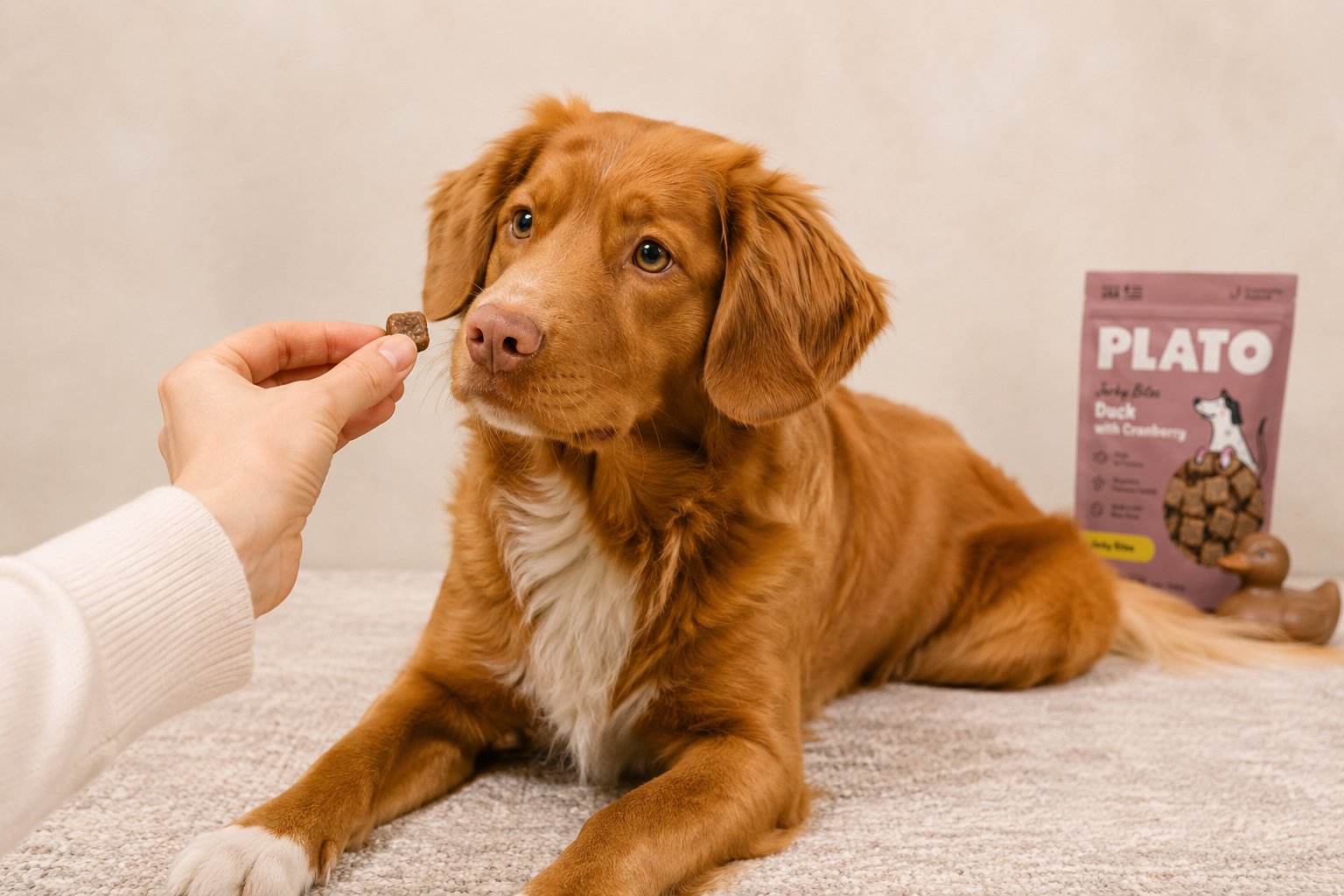 Dog enjoying duck treats from Plato Pet Treats