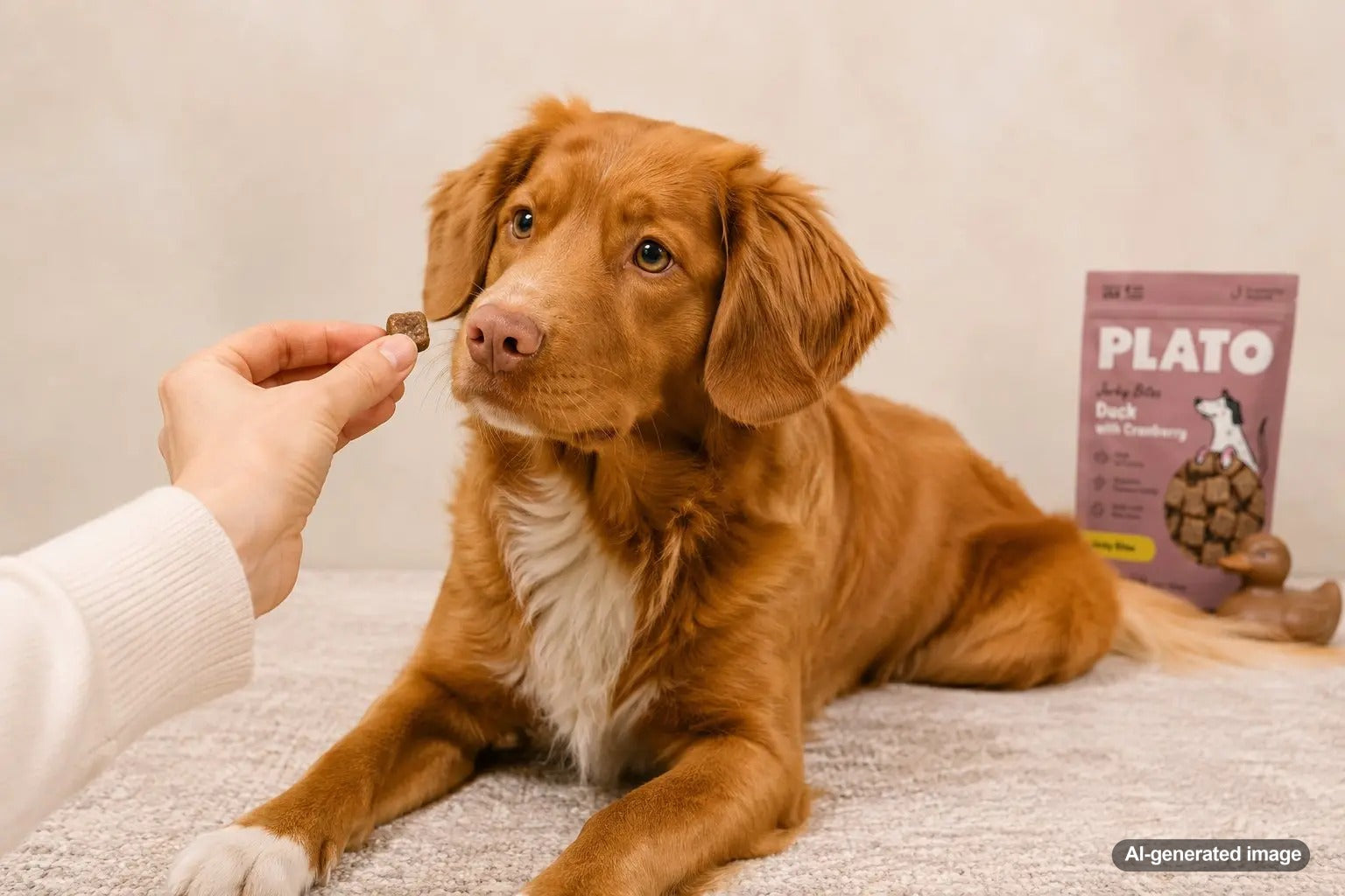 Dog enjoying duck treats from Plato Pet Treats