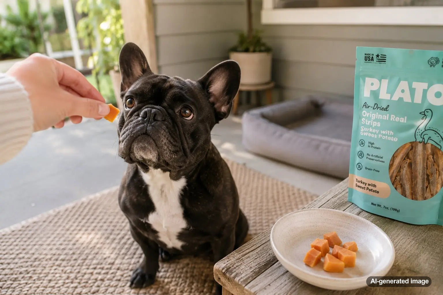 French Bulldog with a small amount of plain cooked sweet potato in a dog-safe feeding guide