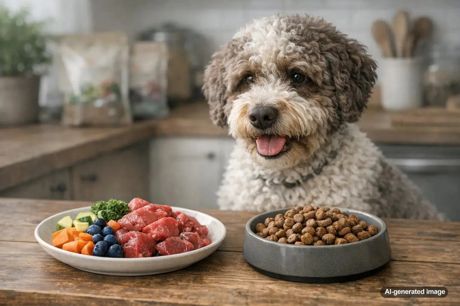 Dog waiting beside a raw-style meal while pet owner considers the pros and cons of a raw diet