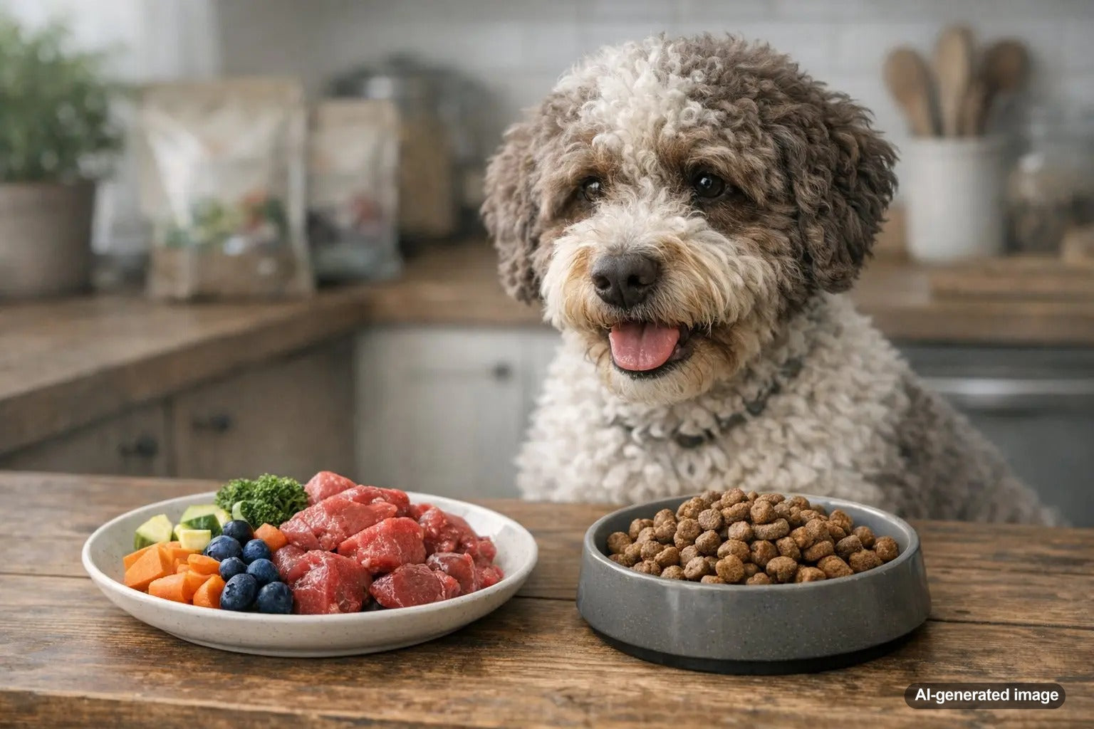 Dog waiting beside a raw-style meal while pet owner considers the pros and cons of a raw diet