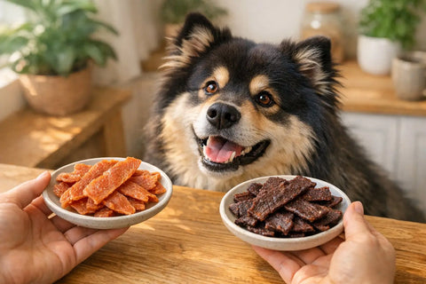 Turkey based dog jerky treats compared to beef jerky for dogs with pancreatic sensitivity