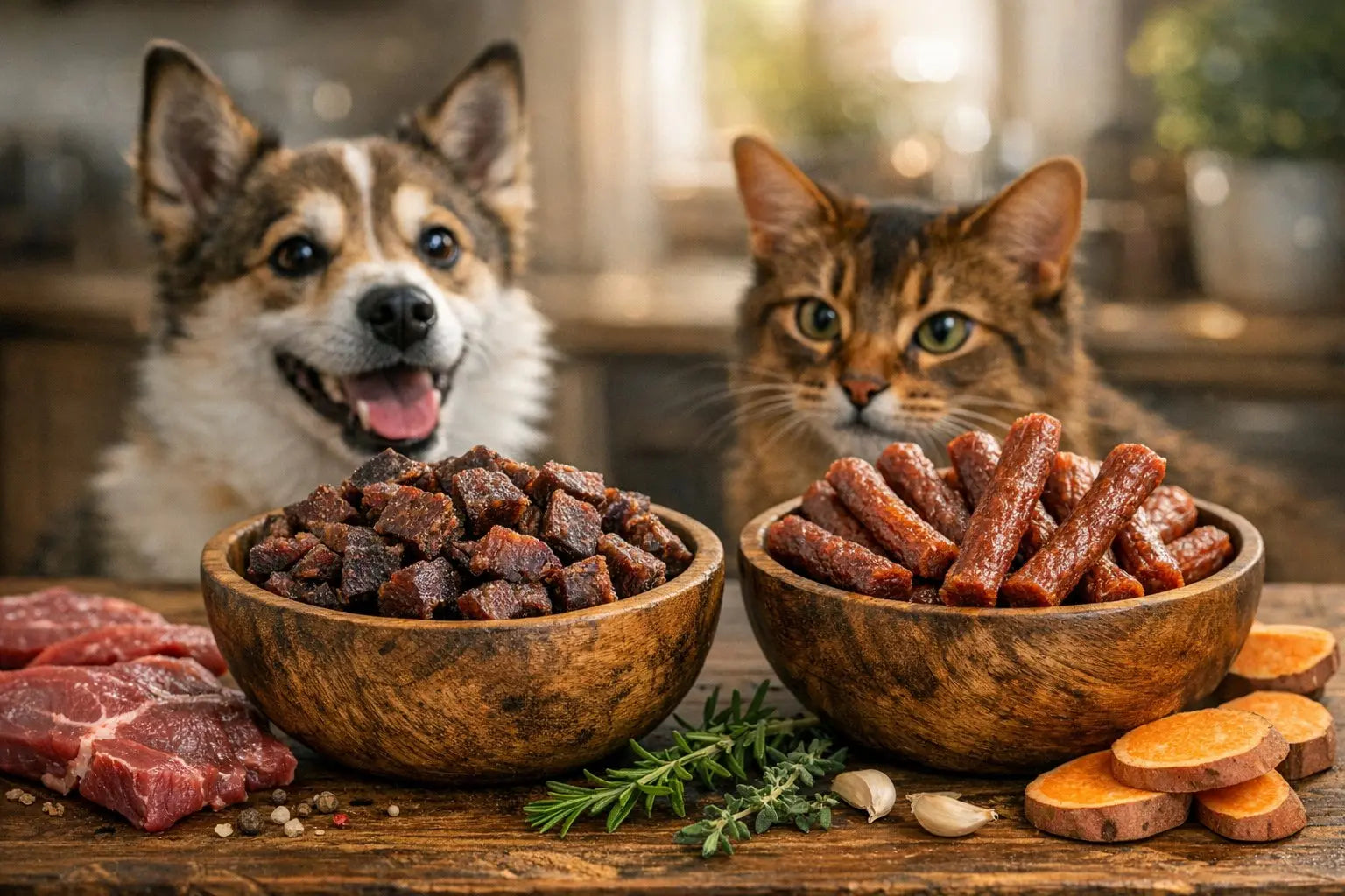 Dog treat comparison featuring jerky bites and meat sticks from Plato Pet Treats