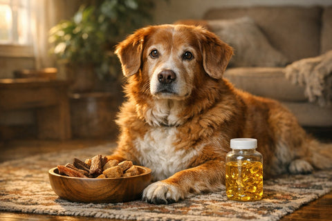 Senior dog enjoying comfortable movement with joint health support from omega 3 and collagen