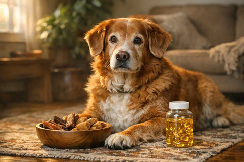 Senior dog enjoying comfortable movement with joint health support from omega 3 and collagen