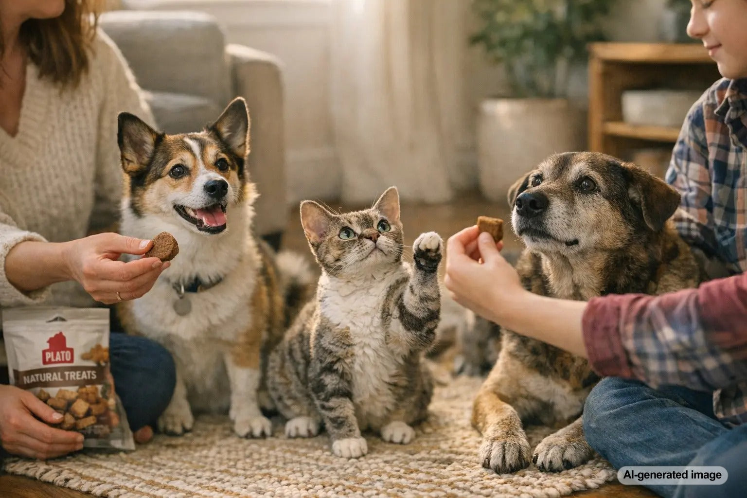 Dog and cat enjoying a calm and happy treat time together in a multi-pet household