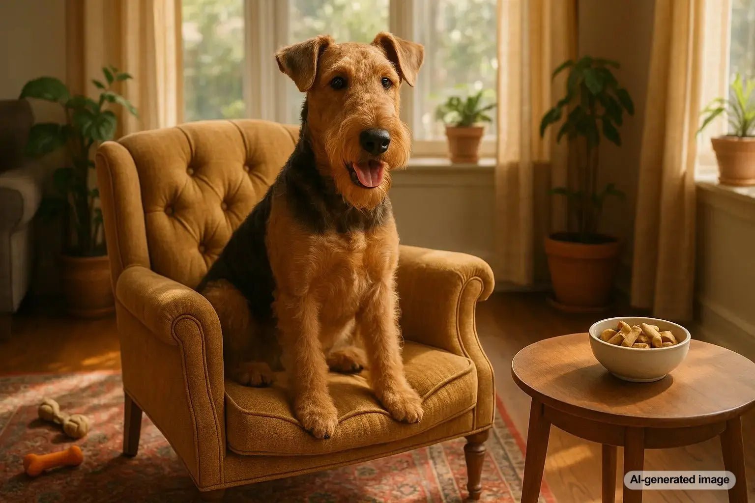 Airedale Terrier exuding confidence and charm while learning good manners with Plato Pet Treats