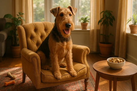 Airedale Terrier exuding confidence and charm while learning good manners with Plato Pet Treats