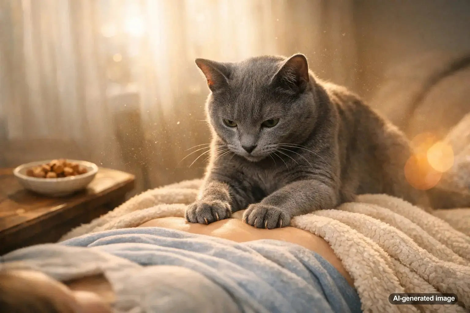 Cat kneading a soft blanket with paws, making biscuits in a cozy home setting