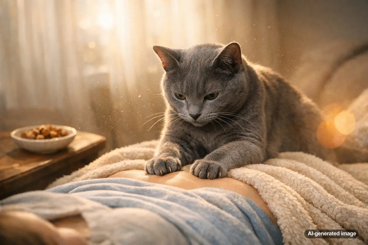 Cat kneading a soft blanket with paws, making biscuits in a cozy home setting