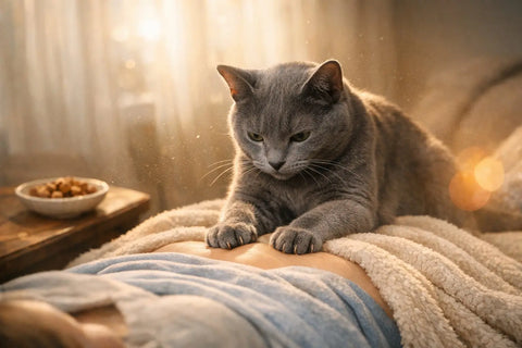 Cat kneading a soft blanket with paws, making biscuits in a cozy home setting