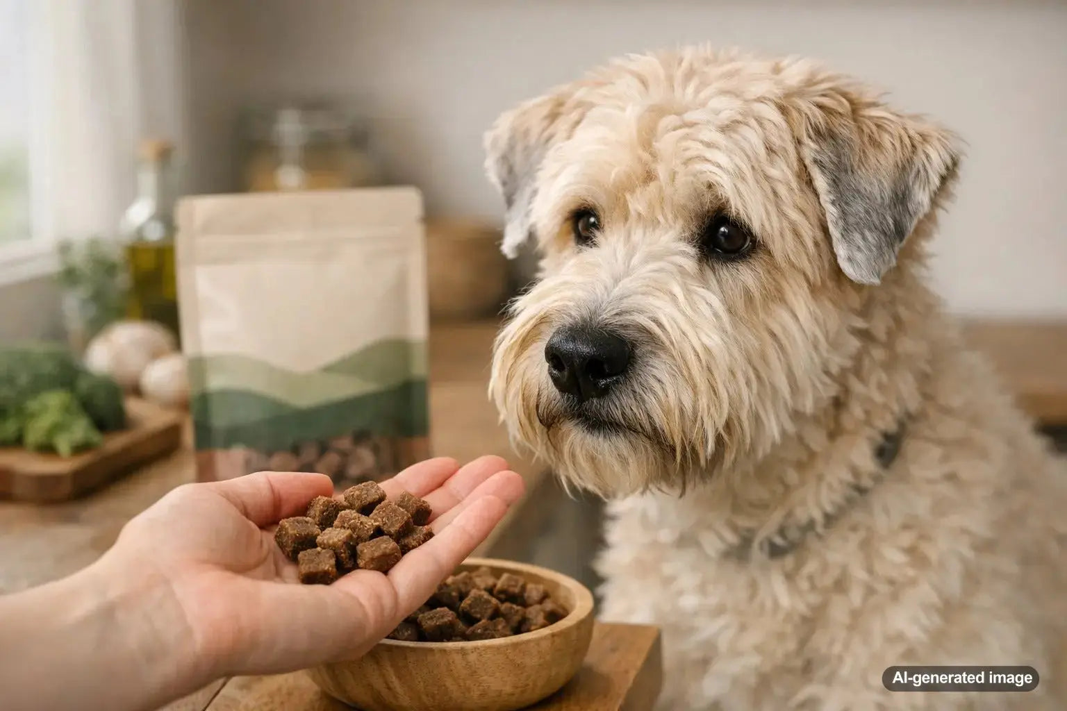 Dog enjoying lamb treats while pet parent learns allergy-friendly snack tips