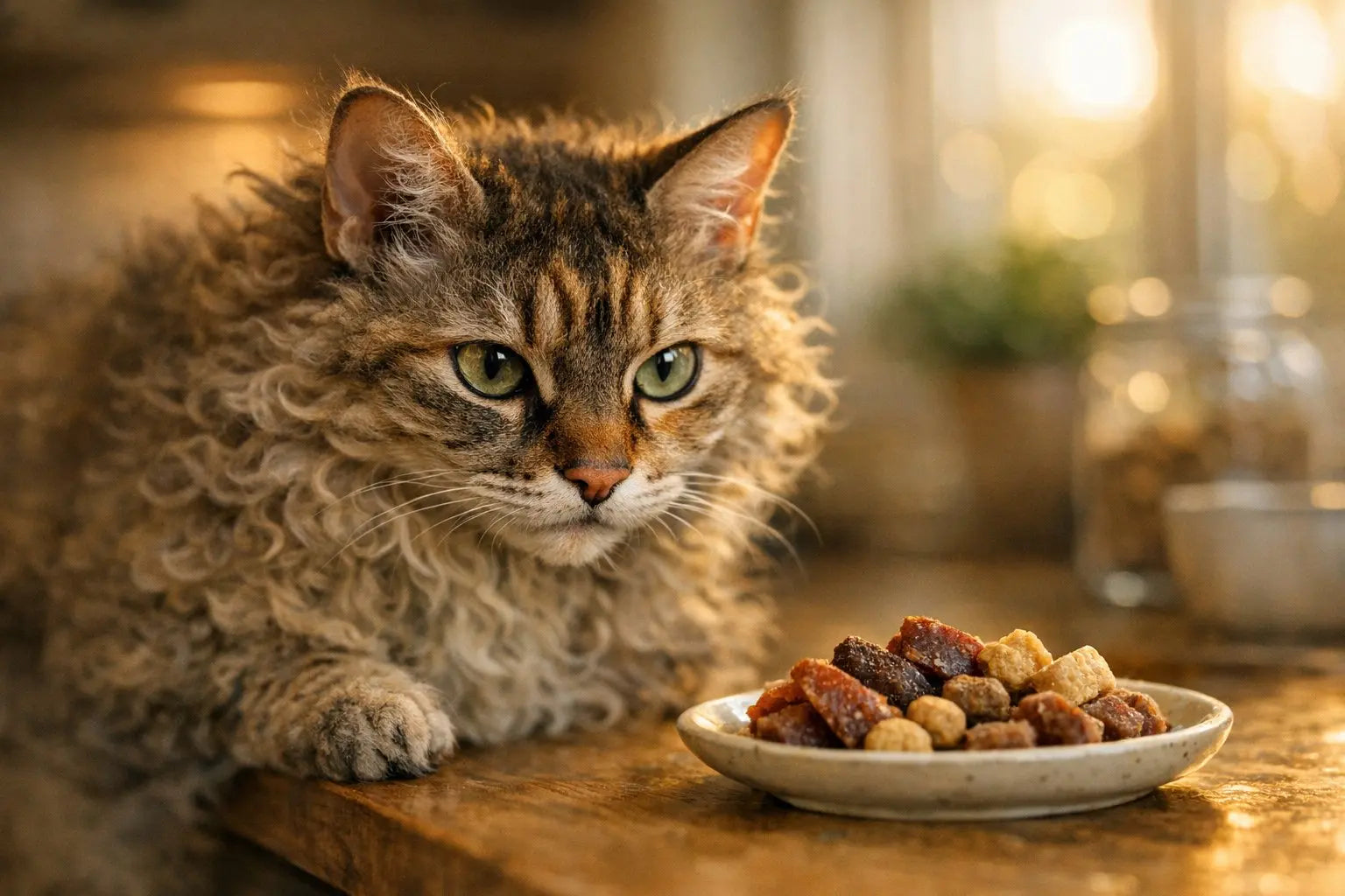 LaPerm cat with a curly coat sitting alert and looking like a charming conversation starter