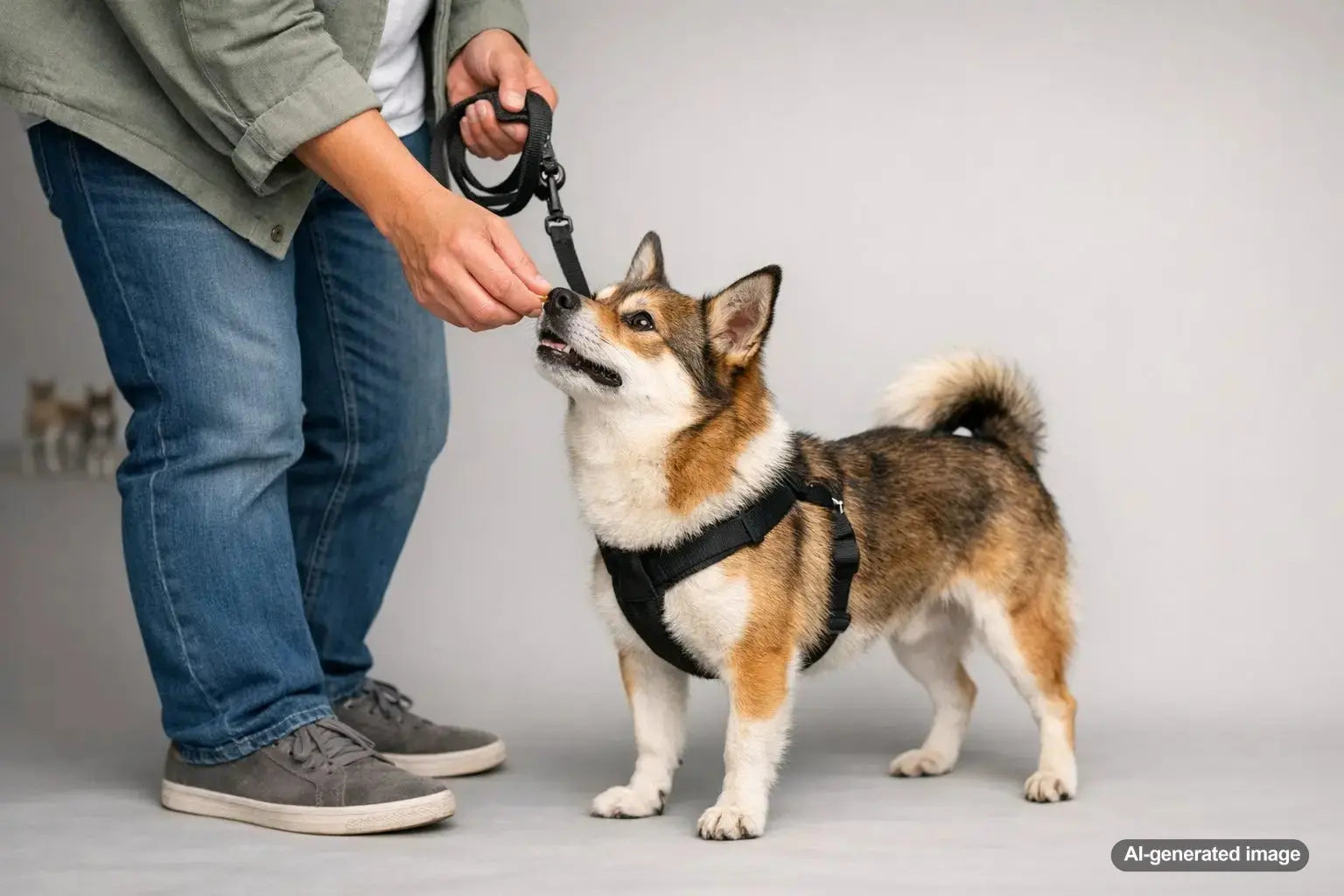 Dog wearing a harness practicing calm leash training while taking a treat from its owner