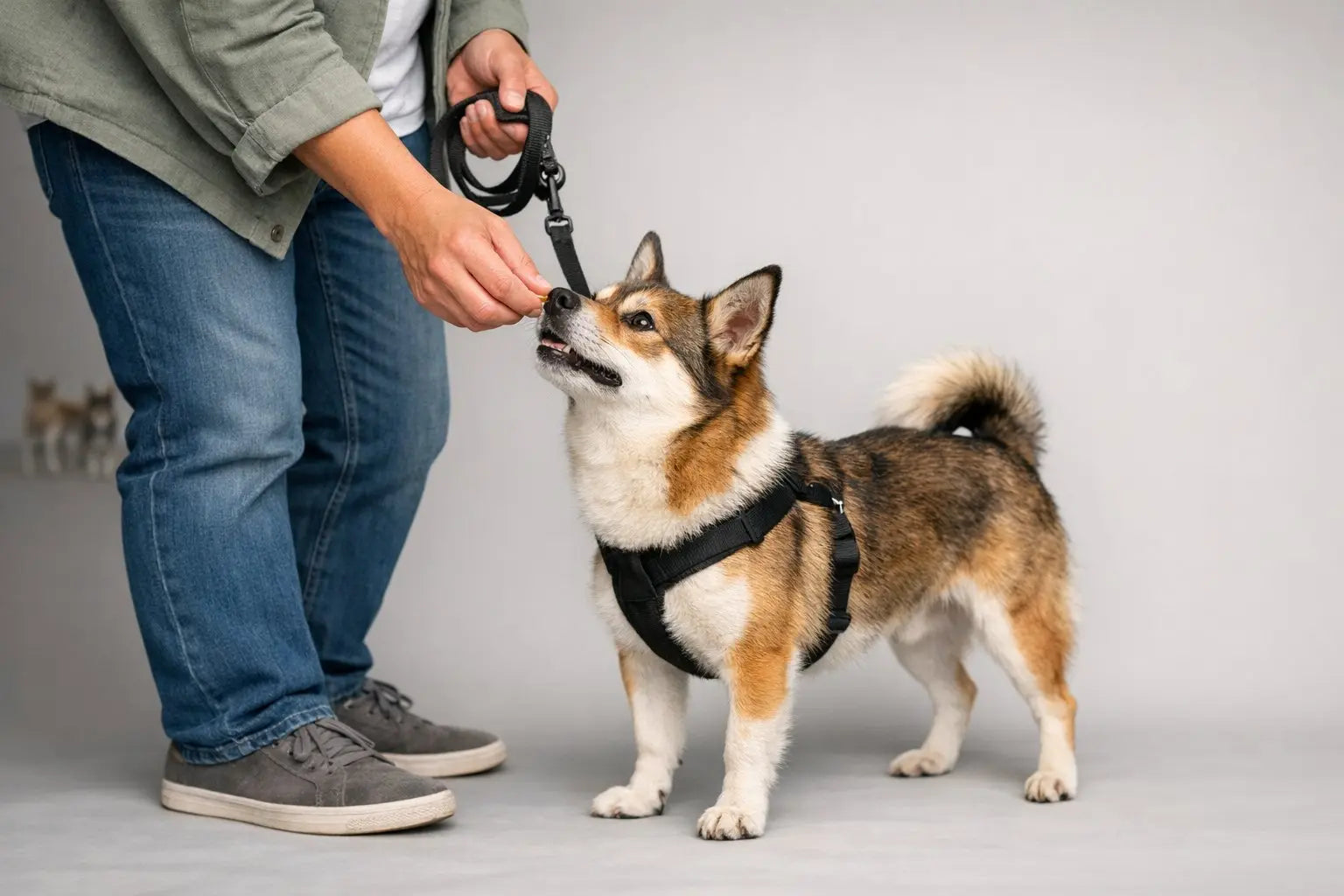 Dog wearing a harness practicing calm leash training while taking a treat from its owner