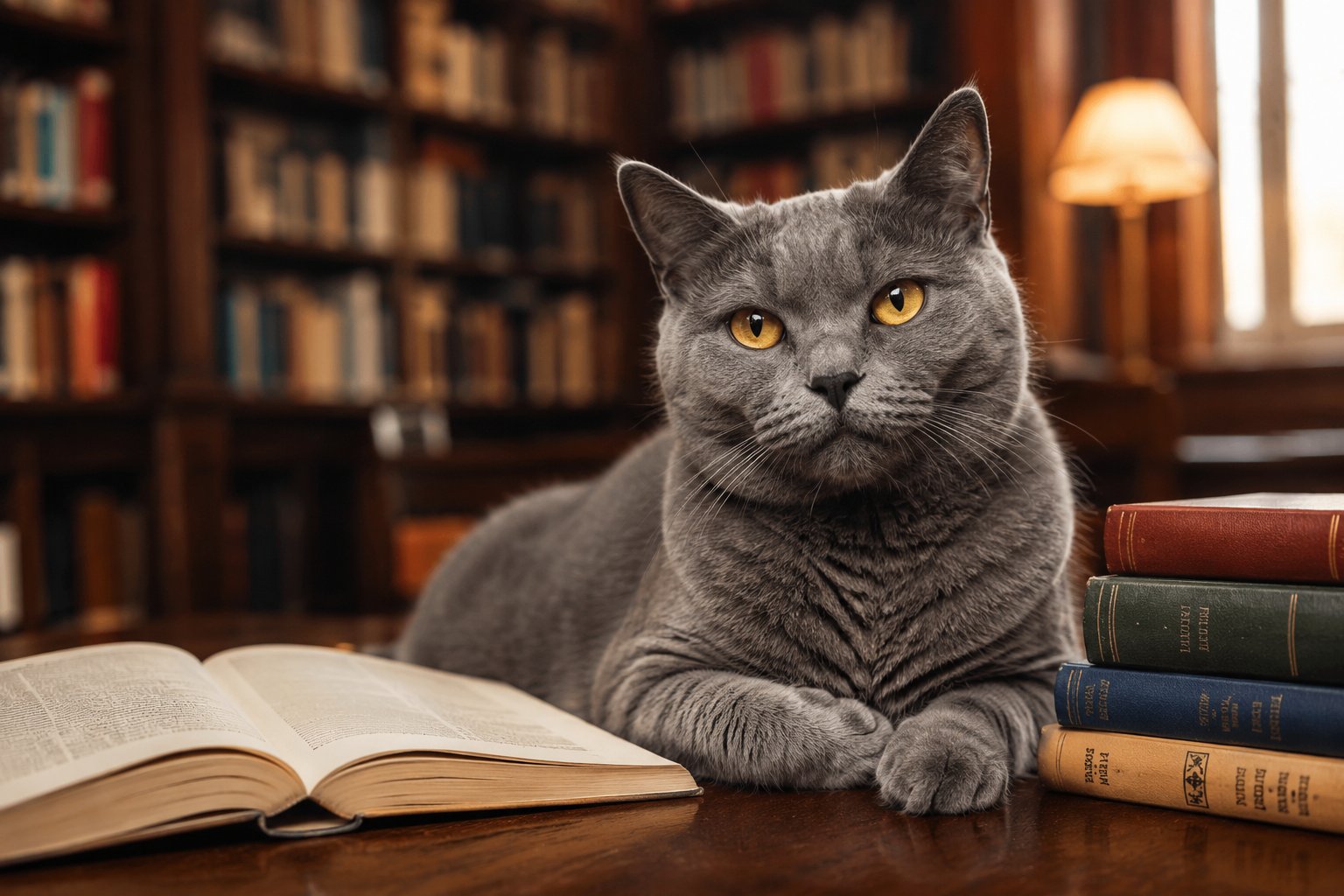 A cozy library cat resting among books as a furry guardian of literature